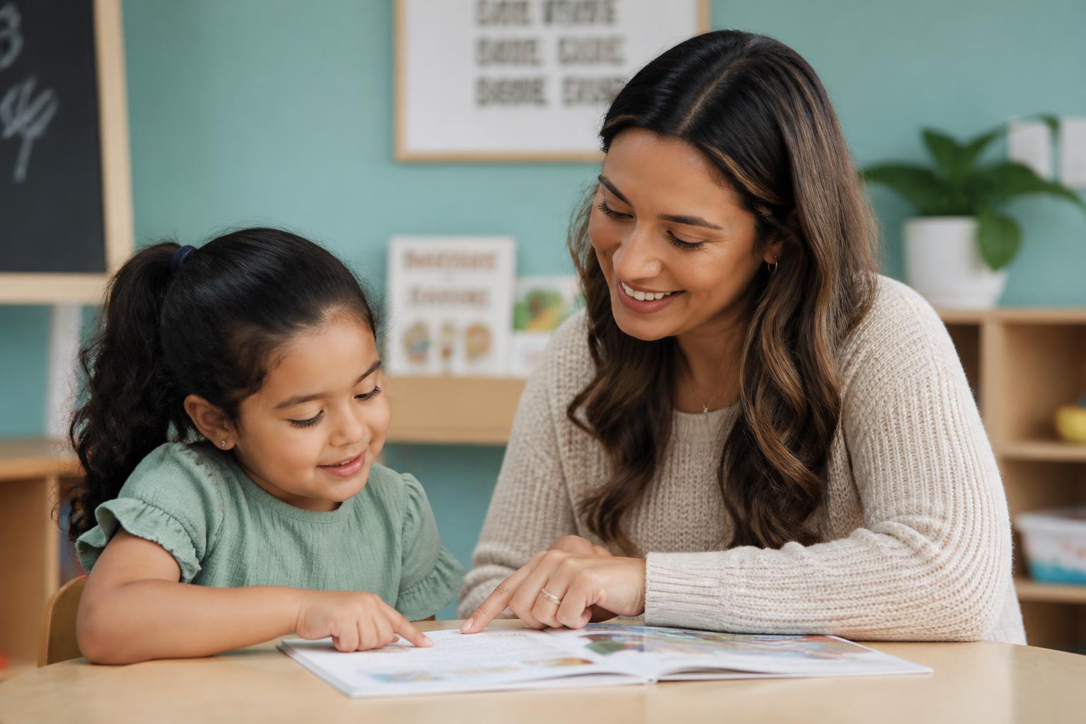 An adult tutor reading a picture book with a young child